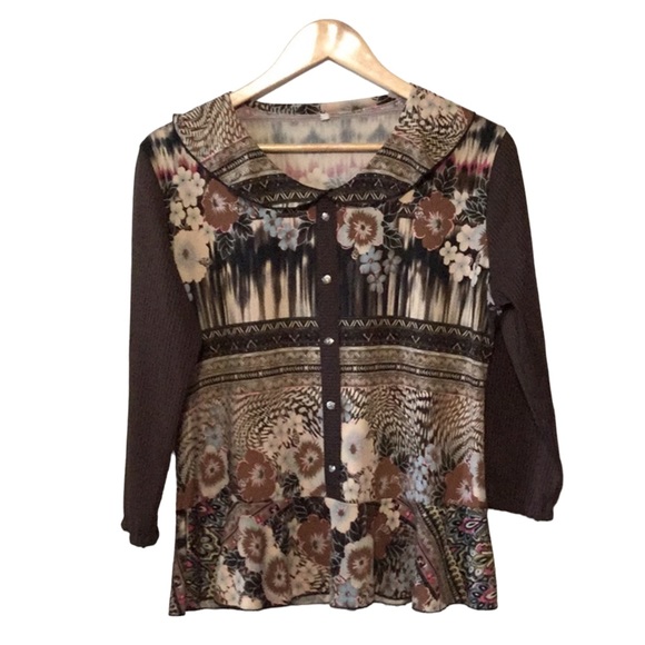 VINTAGE sz Large Top Floral Mixed Patterns Peter Pan Collar Faux Buttons Brown - Picture 1 of 6